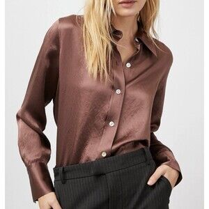 Rails‎ Andrea Satin Long Sleeve Button Down Blouse Nutmeg Brown Women's XL
